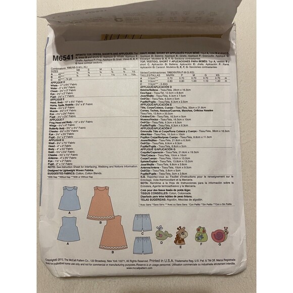 McCall's M6541 Infants Dress Top Shorts Animal Appliques NB XL Susan Cousineau - Picture 2 of 4